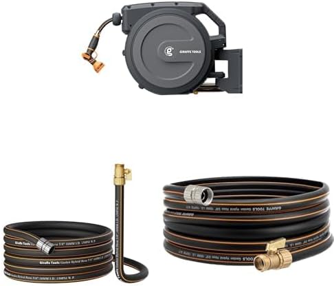 Giraffe Tools AW40 Garden Hose Reel 5/8 inch x 90 ft Wall Mounted+Giraffe Tools Garden Hose 25ft x 5/8", Female and male Fittings+Giraffe ToolsGarden Hose 35ft x 5/8", Male and Female Fittings