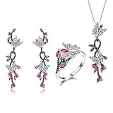 knsam anello da donna, collana da donna in argento 925 con farfalla, set di gioielli da sposa in argento 925 per donna con rubino creato nero rosso, argento sterling, rubino sintetico