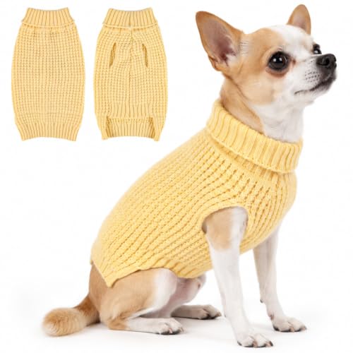 Kunyeah Suéter Punto Waffle para Perro o Gato pequeño suéter cálido Cuello Alto Mascotas suéter Suave y elástico Ropa para Cachorros Chaleco sin Mangas Invierno para Gatitos (Amarillo, Small)