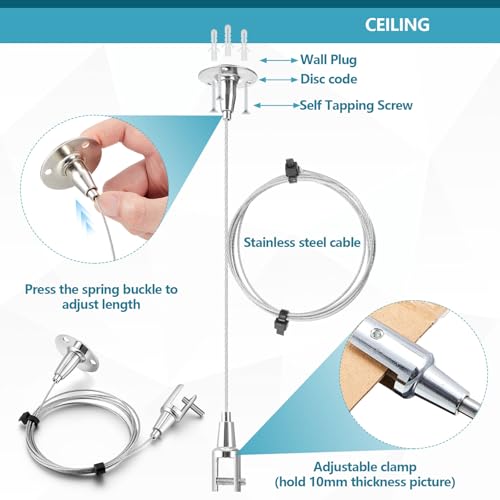 Image of Zonon 10 Pcs 6.5 ft x 1.5 mm Ceiling Sign Hanger, 66 lb Stainless Steel Picture Frame Wire Adjustable Suspension Cable Metal Clamp for Hanging Advertising Board LED Panel Light Billboards Paintings