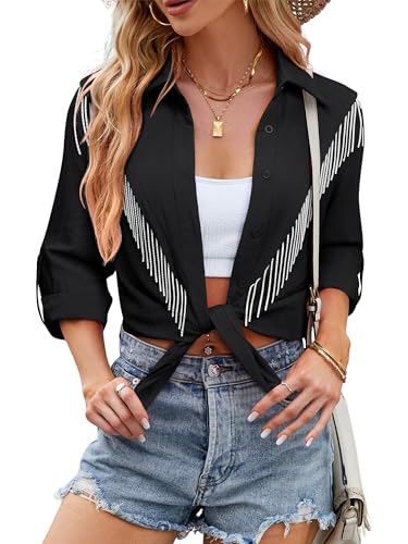 MYMORE Womens Sparkly Fringe Button Down Shirt Rolled 3/4 Sleeve Top Country Concert Nashville Western Cowgirl Outfit2