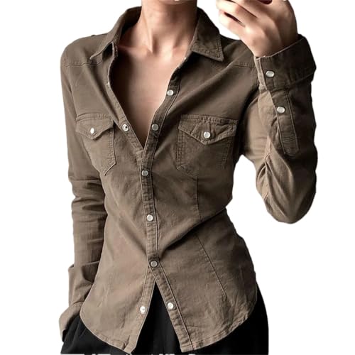 Women Streetwear Cargo Style Blouses Tops Long Sleeve Denim Shirt Pockets Solid Coat