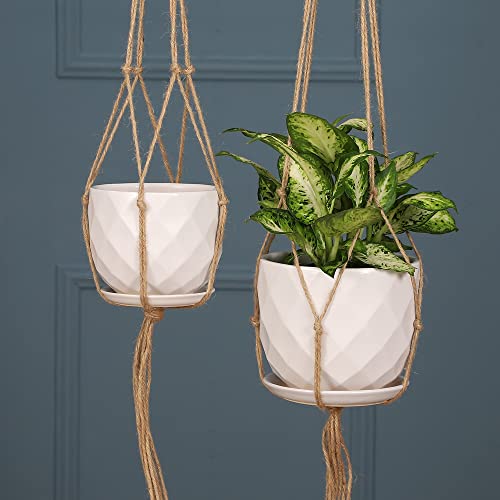 Fengson Ceramic Hanging Planters For Indoor Outdoor Plants,6.7+5.5 Inch Hanging Plant Pots With Saucers,Modern Plant Holder With Jute Rope For Succulents Cactus Herbs Plants, Home Decor,Set Of 2 #TOP3