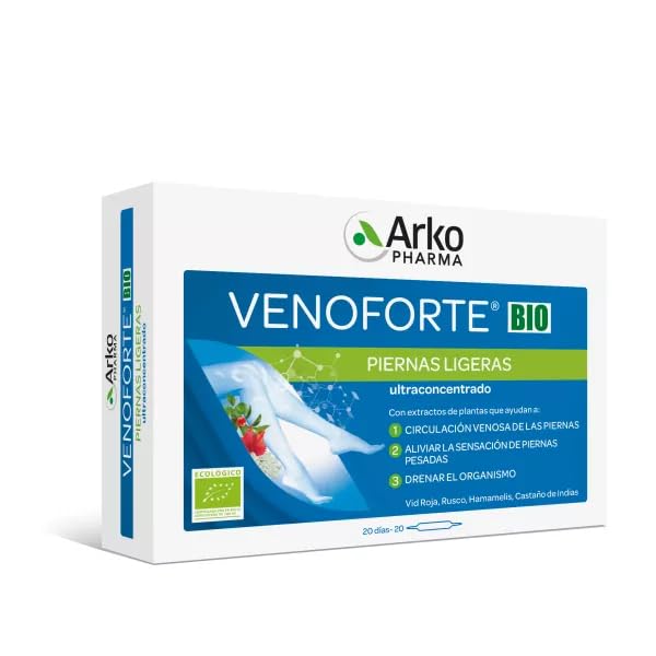 Arkopharma Venoforte – Complemento Alimenticio para Piernas Cansadas – Con Vid Roja, Rusco y Castaño de Indias – 100% Origen Vegetal – 20 Ampollas Bebibles