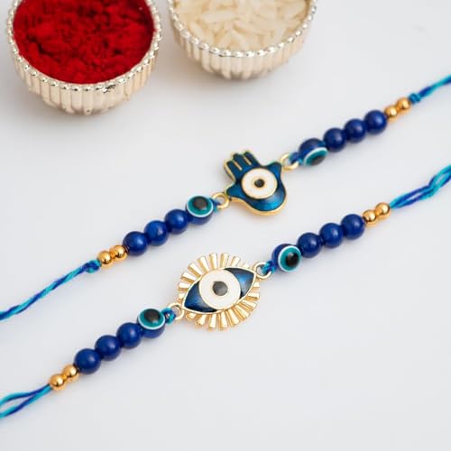Image of CraftVatika Evil Eye Rakhi Set of 2 for Brother Bhaiya Designer for Boy Kids Rakshabandhan Hamsa Hand with Magnet