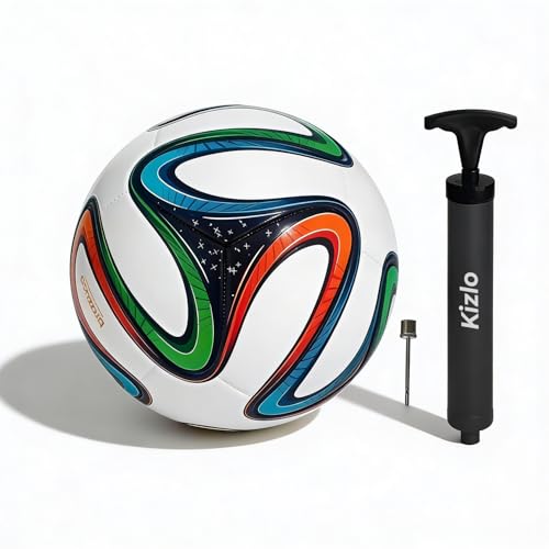 Image of Kizlo Official Size 5 Football with Pump & Pin | PVC Leather Training Soccer Ball for Ground, Turf & Street Play | High Grip & Air Retention for Kids, Youth & Adults | Multicolor (Brazuka)