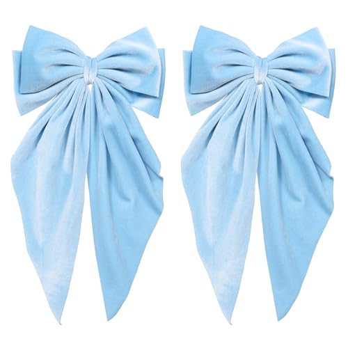Light Blue Long Tail Velvet Ribbon Hair Bows for Women Girls 2PCS 8in Big Fall Winter Dressy Bowknot French Barrette Hair Clips Wedding Early Spring Ponytail Holder Decor Accessories