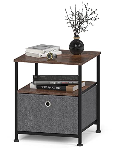 WEEU Nachttisch Metall Beistelltisch mit Schubladen aus Stoff und Offenem Fach Nachtkommode Nachtschrank Quadratisch Sofatisch Couchtisch Klein für Wohnzimmer Schlafzimmer Holz Stahl Schwarz & Grau Cover