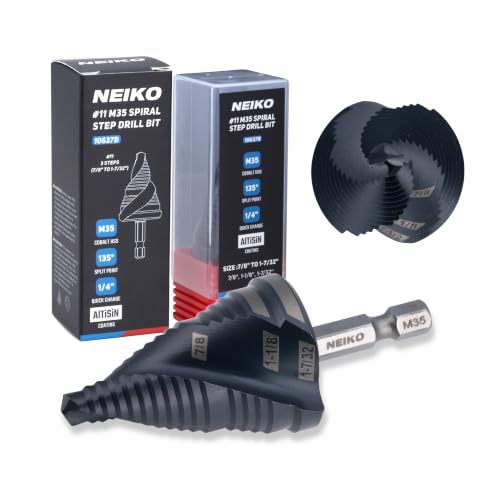 Image of NEIKO 10637B Step Drill Bit, 3 Steps 7 /8 inch to 1-7 /32 inch Spiral M35 Cobalt, AlTiSiN Coated, 1 /4 inch Quick Change Step Bits for Steel, Metal, Wood, Plastic, Unibit Cone Drill Bits, Two Flute