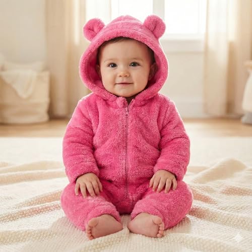 Image of BABYZONE Fluffy Fleece Baby Romper - Hooded Bear Ear Winter Jumpsuit for Boys & Girls