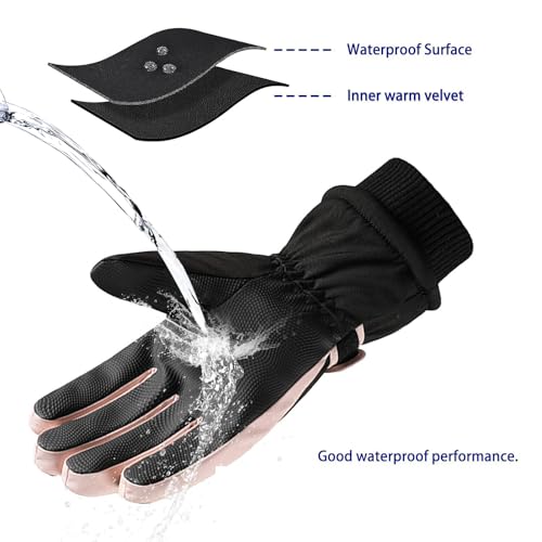 Andiker Winter Damen Skihandschuhe, Winterhandschuhe Warm, wasserdichte Touchscreen Anti Rutsch Snowboardhandschuhe für Skifahren, Laufen und Radfahren (Schwarz Rosa, one Size)