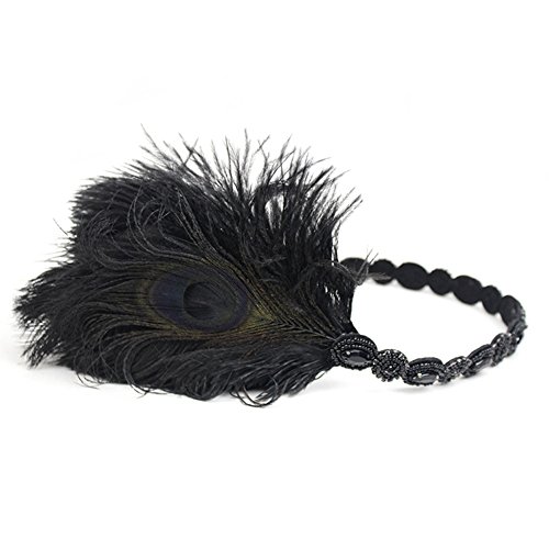 Vintage Blue Black Gold Beaded Pearl Peacock Feather 20s Headpiece 1920s Flapper Headband Roaring 20s Inspired Hairband (Black)