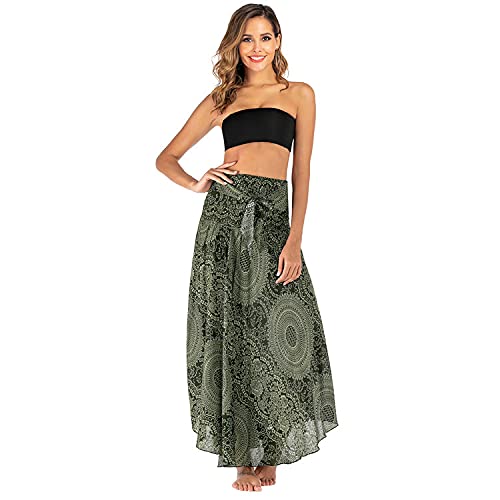Kuukaas Women's Maxi Skirt Summer Beach Dress Long High Waist Floral Pattern, s006-green, One Size