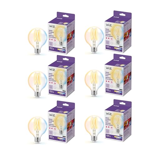 WiZ Clear 60W G25 Tunable White Filament LED Smart Bulb – Pack of 6 – E26- Indoor – Connects to Your Existing Wi-Fi – Control with Voice or App + Activate with Motion – Matter Compatible
