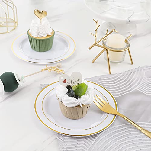 Wellife 240 Pcs Gold Plastic Dessert Plates, 6.5 Inch Disposable Salad Plates, Premium White Appetizer Plates With Gold Rims Perfect For Parties Or Weddings #TOP4