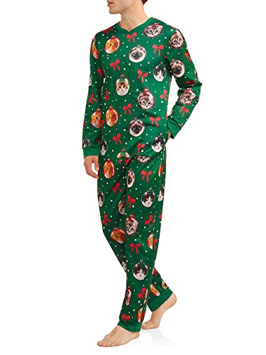 Mens Green Light Up Kitty Cat Christmas Ornament Union Suit Sleeper Pajamas
