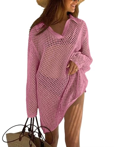 Ekouaer Sexy Cover Ups for Women Crochet Bathing Suit Cover Up Knit Beach Coverup Dress Swimwear Hot Pink XS