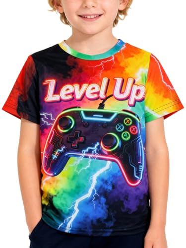 Image of Game Lovers T-Shirt Colorful 3-14 Years,Short Sleeve Game Shirts for Boys Level Up Digital Graphic Tees Neon Party Outfit (US, Age, 5 Years, 6 Years, Colored Mist)