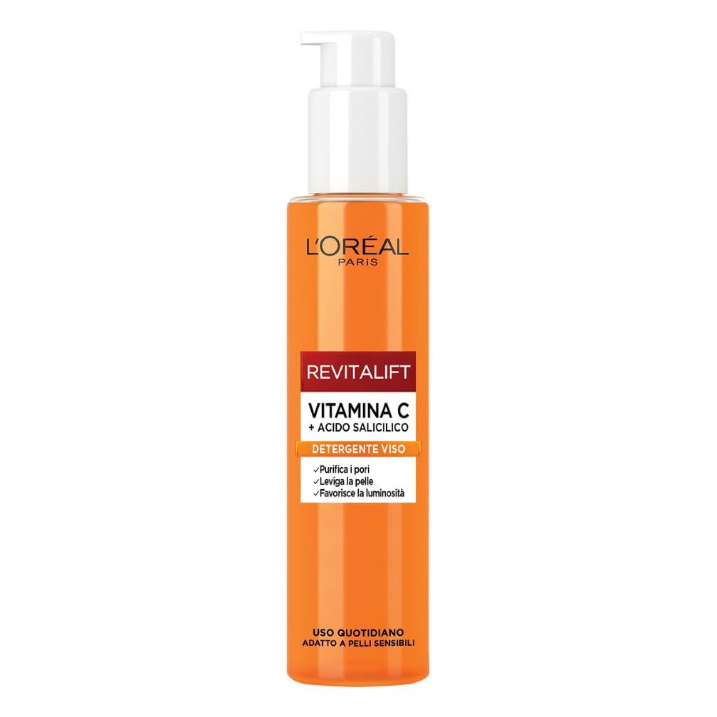 L'Oréal Paris Detergente Viso Purificante, Adatto a Pelli Sensibili, Azione Levigante e Uniformante, Pelle Morbida e Elastica, Con Vitamina C + Acido Salicilico, Revitalift, 150 ml