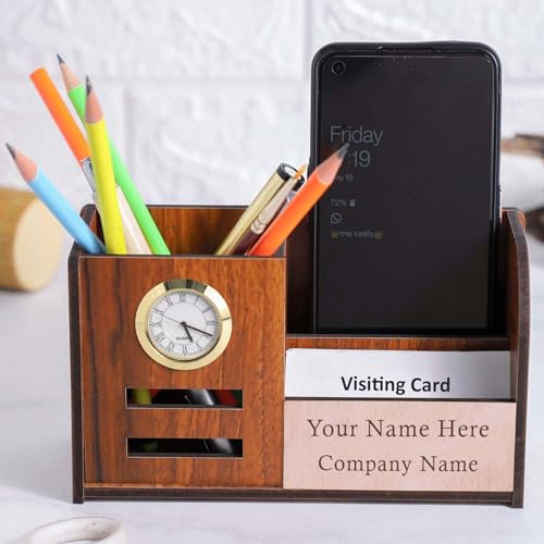 Image of Deskart Multipuropse Pen Holder Stand for Office Desk and Study Table | Multipurpose Stylish Stationary Organizer (Elite (With Clock), With Name Printing, Pen Holder)