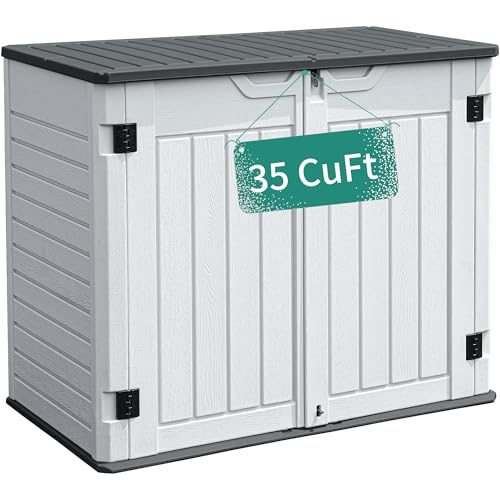 YITAHOME Outdoor Horizontal Storage Sheds w/o Shelf, 35 Cu Ft Lockable Resin Waterproof Shed, Ideal for Garden Tools, Easy to Assemble, Light Gray Light Gray Medium-35 cu ft