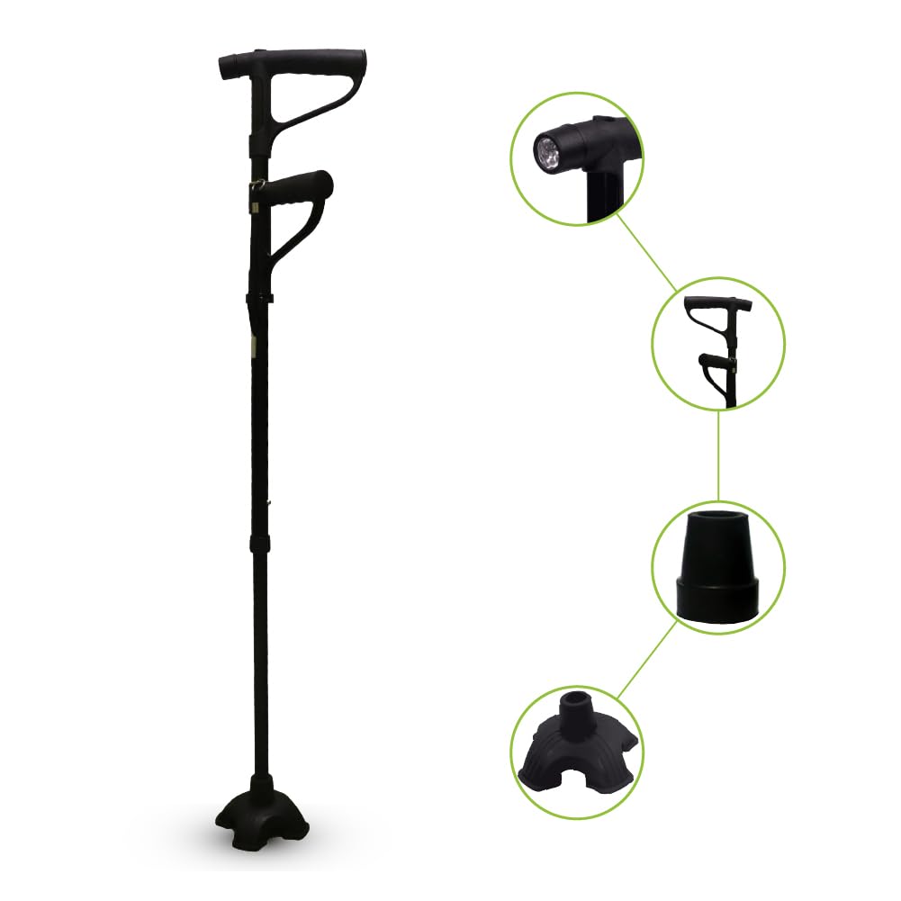 Rehamo Lightweight Walking Stick Canie QMF with Built-in LED Light, Adjustable Height, Dual Handles for Sit to Stand Help | Walking Cane with 2 Bushes for Old Age & Post-Op with 1 Year Warranty (B09FT34KG2) Amazon Price History, Amazon Price Tracker