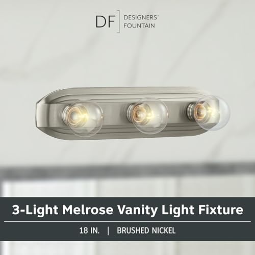 Image of Designers Fountain 3-Lights Melrose Vanity Light Fixture, 18 Inch Wall Mount Sconce for Bathroom, Bedroom or Mirror, Brushed Nickel, 6613-BN