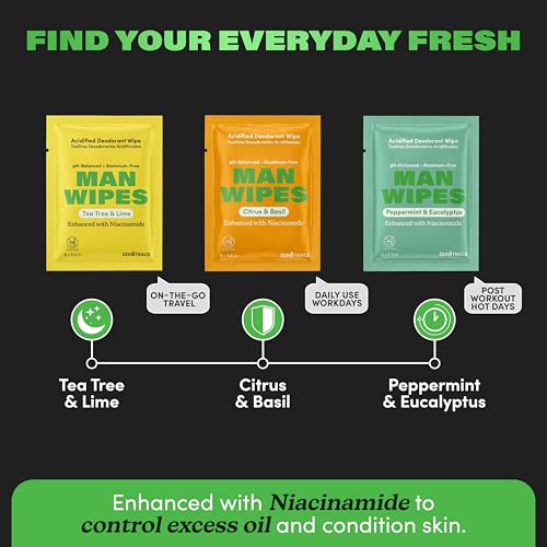 Image of Zero Trace Travel Deodorant Wipes for Men - 15 Individually Wrapped Body Wipe with Peppermint, Citrus & Basil, Tea Tree & Lime - Aluminum-Free, pH-Balanced Fresh Wipes for Gym, Travel & Daily Use