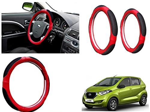 Image of Microfiber Car Steering Wheel Cover, Soft Padding Great Hand Feel, Anti-Slip, Faux Leather Steering Cover for Datsun Redi Go | Black Red Jali - Pack of 1