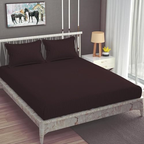 Image of Strip Microfibre Double Bedsheet with Two Pillow Covers (Brown, Double)