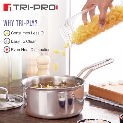 Image of TriPro TriPly Stainless Steel 4 Pcs Cookware Set - Kadai 22cm (2L) with Glass Lid, Frypan 22cm (1.2L), Saucepan 14cm (1L), Consumes Less Oil, Healthy Cooking - Induction and Gas Stove Ready