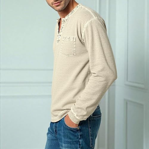 Mokaloha Mens Shirts, Mokaloha Mens Shirts Long Sleeve, Men's Retro Casual Solid Color Long Sleeve Henley with Pockets4