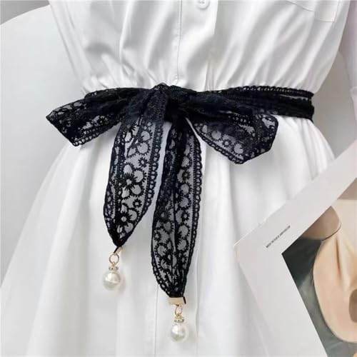 Chain Belt Elegant Clothing Accessories Dress Waist Chain Pearl Pendant Lace Waist Belts for Women(black)