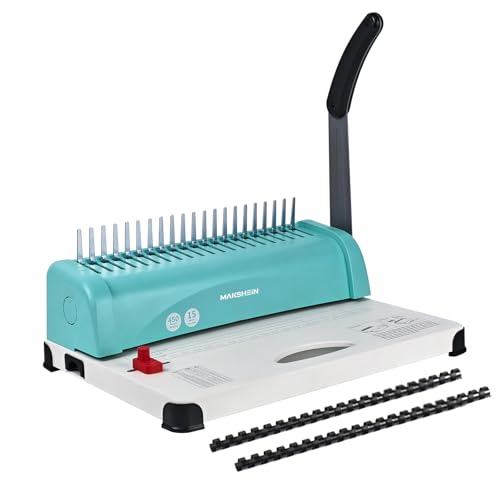 MakShein 21-Hole Comb Binding Machine, 15 Sheets Punch Capacity, 450 Sheets Binding, Compatible with A4, A5 & Letter Paper, Comes with 100pcs 1/4" Binding Spines for Home and Office
