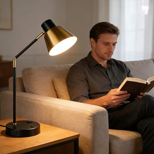 Image of Modern Desk Lamp with USB & AC Outlet,270 Swivel (Bulb Not Included) | Adjustable Industrial Table Lamp,E26 Socket for A15 /G45 /T45 Bulbs,Weighted Base,Bedside Lamp for Bedroom, Office, Living Room