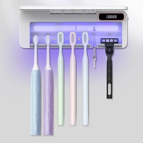 UV Toothbrush Cleaner Holder, Temracha Toothbrush Holders for Bathrooms, 5+1+1 Slots Tooth Brush Shaver Cleaner and Holder, Rechargeable Cordless Wall Mounted with Heating Functions, No Drilling by Temracha - Used condition - US$23.09