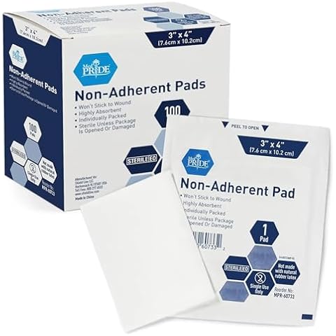 MED PRIDE Sterile Non-Adherent Pads| 100-Pack, 3"x 4"| Non-Adhesive Wound Dressing| Highly Absorbent & Non-Stick, Painless Removal-Switch| Individually Wrapped for Extra Protection Cover