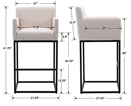 Image of Modern Counter Height Bar Stools Set of 6, Linen Fabric Upholstered Bar Stools with Backs, 30 Inch Kitchen Island Stools with Black Metal Frame, Cream