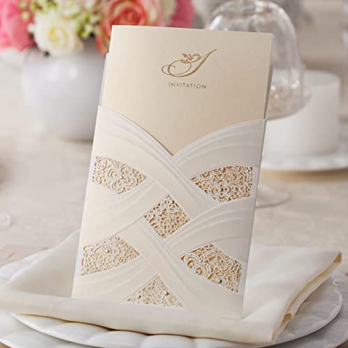 Jofanza 50Pcs 5” X 7” Ivory Laser Cut Wedding Invitations Cards Kits With Envelopes And Gold Foil Lace Sleeve Flower Pocket Cardstock Design For Wedding Bridal Shower Invite #TOP3