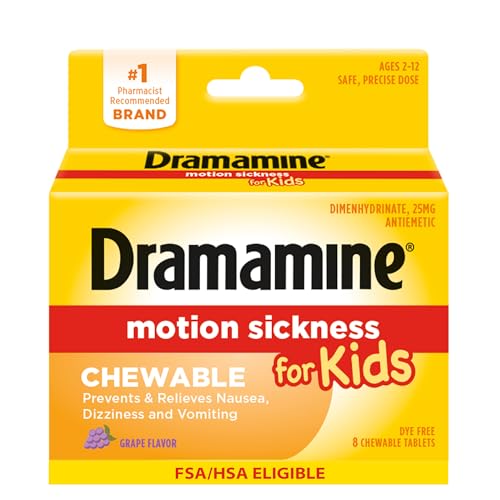 Dramamine Motion Sickness Chewable for Kids Prevent & Relieve Motion Sickness Dizziness & Nausea Grape-Flavored Tablets 8 Count
