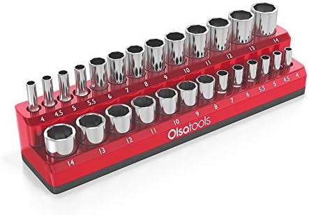 Olsa Tools Magnetic Socket Organizer | 3 Piece Socket Holder Kit | 1/2-inch, 3/8-inch, & 1/4-inch Drive | SAE Red | Holds 68 Sockets | Professional Quality Tools Organizer
