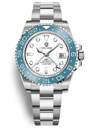 Pagani Design Herrenuhr Automatik Mechanische Uhr GMT Dual-Zeitzone Armbanduhren Edelstahl Zweifarbige Keramiklünette 100M Wasserdicht PD-1662 (Blau Weiß)