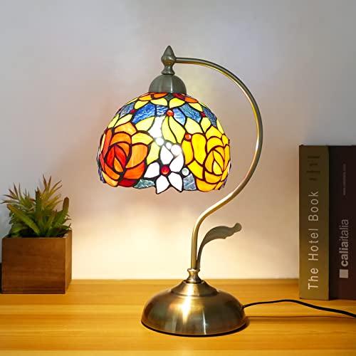 Tiffany Style Table Lamp Baroque W8H17 Inch Handmade Stained Glass Desk Lamps Gifts With Metal Leaf Iron Base Vintage Curved Double Color Roses Reading Lamp For Bedside, Living Room, Office, Study #TOP1