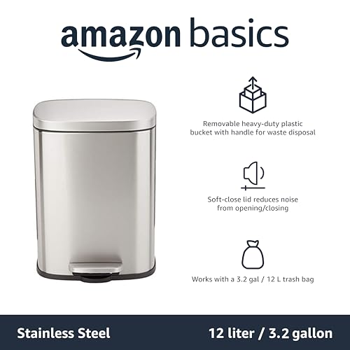 Image of AmazonBasics Rectangle Soft-Close Trash Can - 12L, Satin Nickel