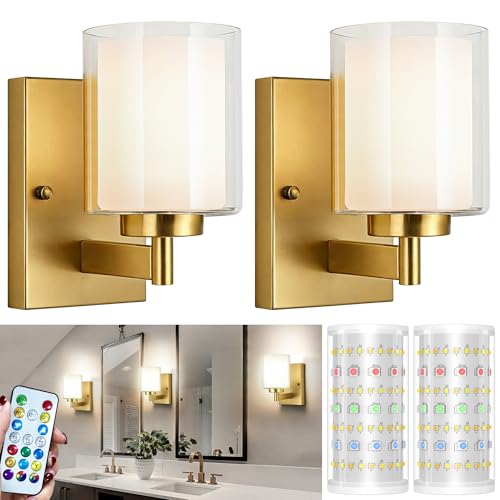 Image of Battery Operated Wall Sconce Set of 2, 10000mAh Wireless Rechargeable Wall Sconce with Remote Control, RGB Dimmable Bathroom Light Fixtures with Double Clear Glass Shade for Mirror Bedroom