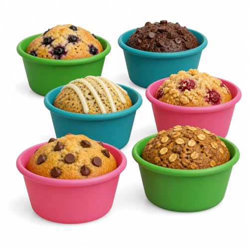 Bakerpan Silicone Jumbo Muffin Cups For Baking, Smooth Large Air Fryer Muffin Cups, 3 1/2 Inch Muffin Baking Cups, Jumbo Cupcake Liners - Set of 6