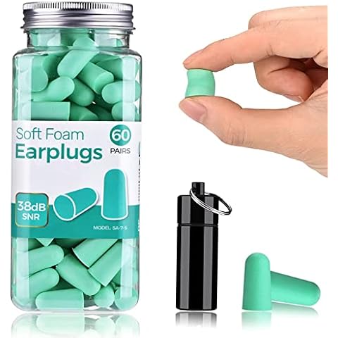 Ultra Soft Foam Earplugs, Noise Cancelling Earplugs for Sleeping, 38dB Highest SNR, One Size Fits virtually Every Wearer for Snoring, Studying, Travel, Motorcycle, Loud Noise etc 60 Pair- Mint Green Cover