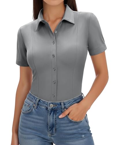 Image of Gleeivy Women's Slim Fit Button Down Shirt Stretch Short Sleeve Wrinkle-Free Work Blouse for Business Casual Office