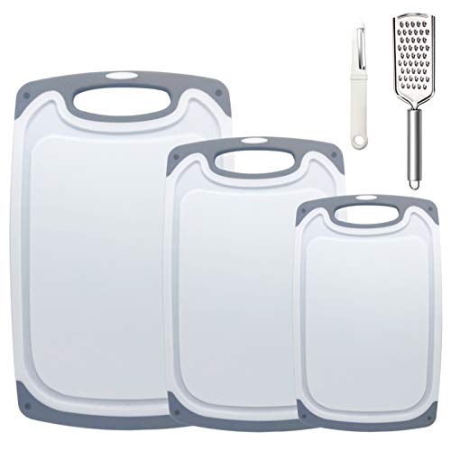 Kitchen Cutting Board Chopping Boards - ADINC 5 Piece Plastic Cutting Boards Set Easy-Grip Handles Non-Slip BPA-Free Thick Dishwasher Safe with Juice Grooves Multiple Sizes(Cheese Grater and Peeler)