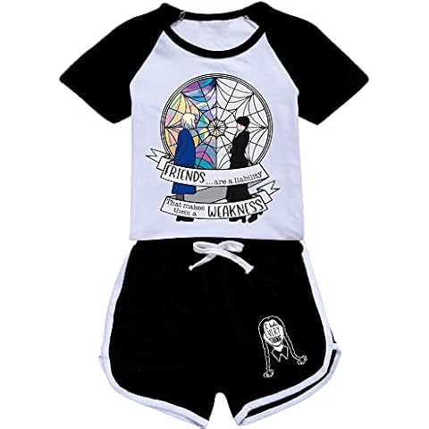 Rainbow Friends Fashion Girls Wednesday Addams T Shirt Shorts Set Addams Family Cotton Pullover Sports Set for Boys Girls Kids (Black,160cm,11 Years,12 Years) Cover